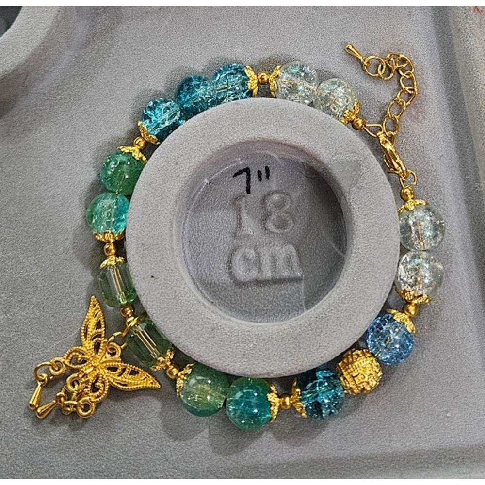 Green White Memory Wire Bracelet w Butterfly Charm  #473